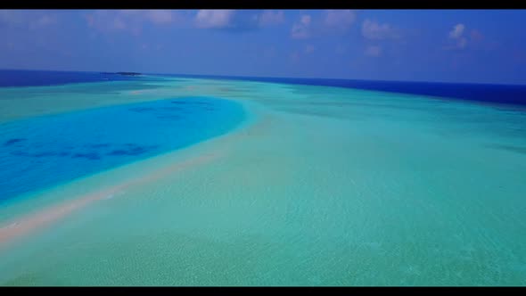 Aerial drone shot abstract of tropical lagoon beach voyage by turquoise sea and white sand backgroun