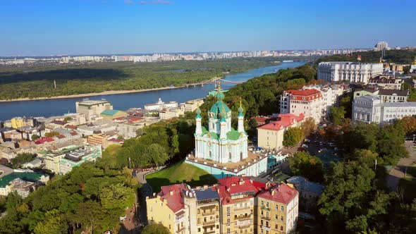 Aerial Drone Video Famous St. Andrews Church and Panorama of Kyiv, Ukraine