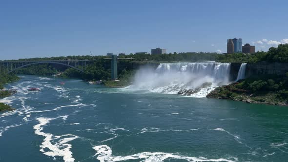 Landscape of waterfall and bridge, sunny day. Niagara Falls, Canada. Static