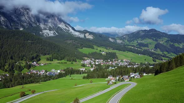 Beautiful Aerial View of Badia Village in Dolomites in Italy