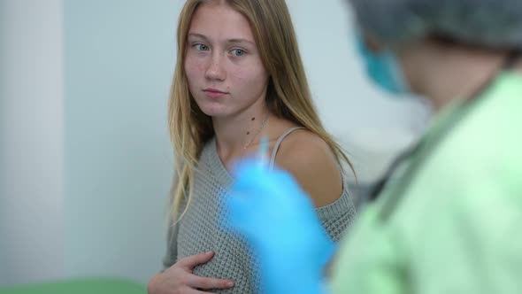 Frightened Pregnant Young Woman Shaking Head Gesturing No Looking at Doctor with Coronavirus Vaccine