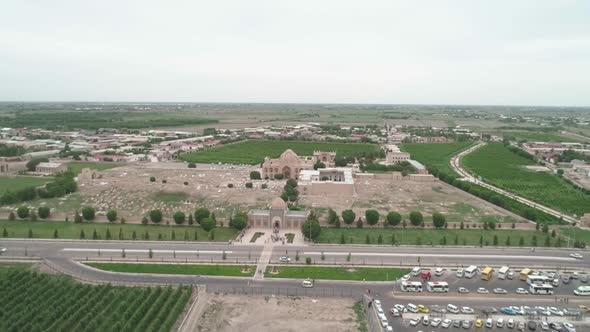 Panorama of Bahouddin Naqshband Memorial Complex Near Bukhara Filmed By Drone Cam on a Cloudy Day