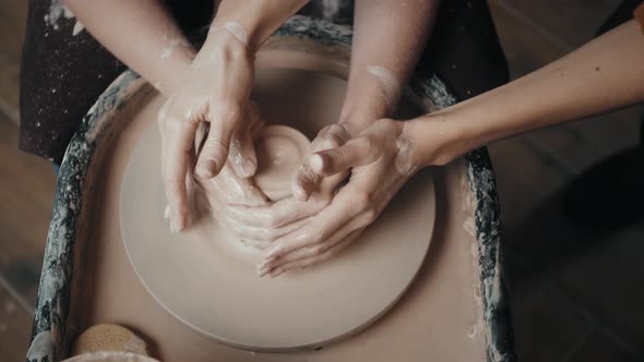 Close Up of Potter Clay Wheel Pottery Workshop Woman Making Diy Pot to Sale in Ecommerce Store Home