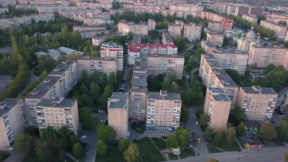 Drone panorama on 10 floors buildings of USSR multistory buildings. Residential blocks of high rise