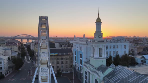 Historical District of Kyiv - Podil in the Morning at Dawn. Ukraine, Aerial View