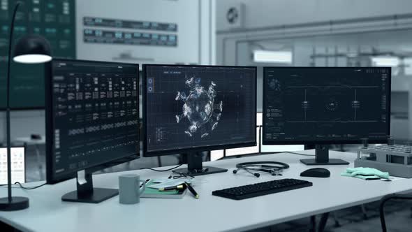 Microscope studies the corona illness cells at the virus research laboratory alt