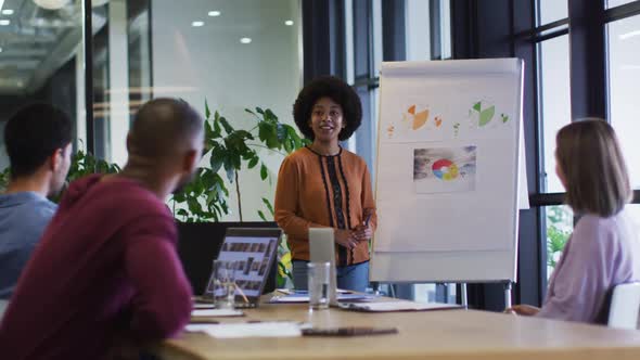 Diverse business people sitting listening to a presentation in office