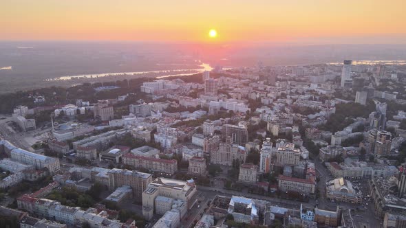 Ukraine, Kyiv : City Center in the Morning at Sunrise. Aerial View. Kiev.