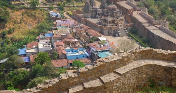 Kumbhalgarh Fort and Indian City Kumbhalgarh Aerial View. Ramparts - Fortress Ancient Walls on