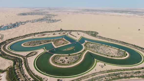 Drone Footage of Love Lake Near Dubai in the Desert Artificial Body of Water