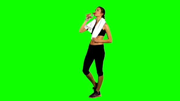 Sporty Muscular Woman Drinking Water, Green Screen