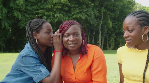 Cheerful Cute Black Teen Girls Whispering Secrets to Pretty Mom Outdoors