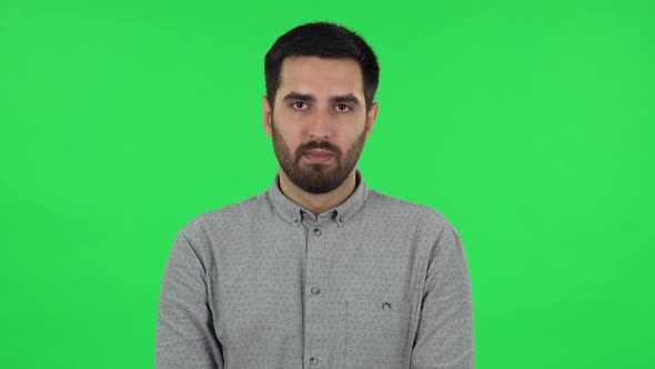 Portrait of Brunette Guy Looking Straight and Smiling. Green Screen