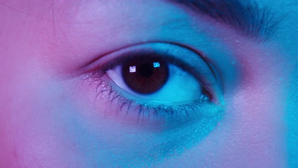 Closeup of Beautiful Brown Eye of Young Woman Blinking Closing and Opening Eyes Looking Straight in