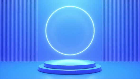 Blue podium with a bright glowing blinking neon circle