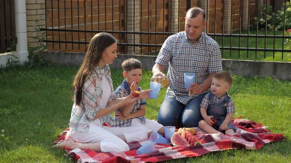 Happy Little Boys Enjoy Picnic with Mother Father Laughing