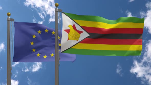 European Union Flag Vs Zimbabwe Flag On Flagpole