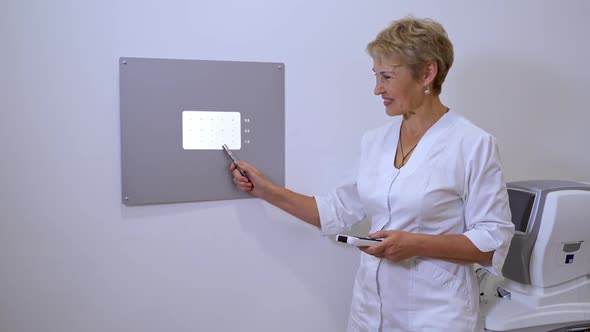 Eye exam in medical office. Female doctor pointing at eye chart