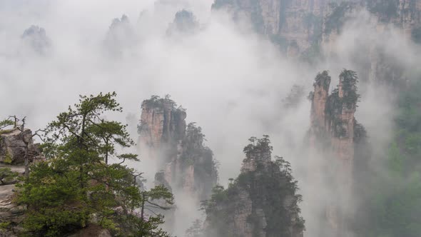 Zhangjiajie National Forest Park (Also Known As Avatar Floating Mountains) in Morning Fog. Time