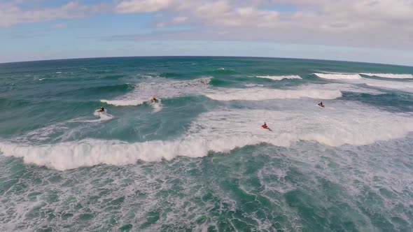 Aerial view of lifeguard surf rescue jet ski personal watercraft in Hawaii