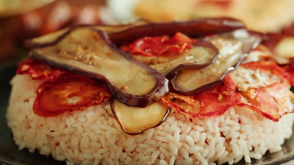 Maqluba Dish Closeup Rice and Vegetables Arabian National Traditional Food