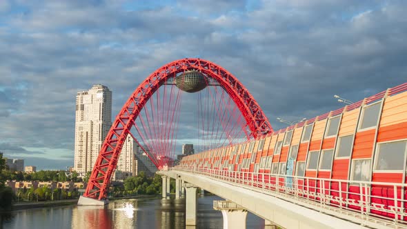 Zhivopisniy red modern cable-stayed bridge across the river, Moscow, Russia