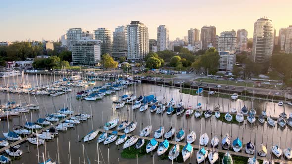 Aerial dolly in of sailboats parked inline in Olivos Port and buildings in background at sunset, Bue