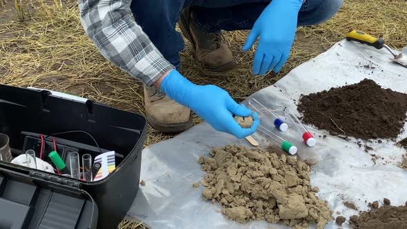 Closeup Male Agronomist Taking Kneading Soil Sample in Hands at Field