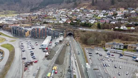 Building double tracks and tunnel at Bergensbanen railroad between Arna and Bergen - aerial over con