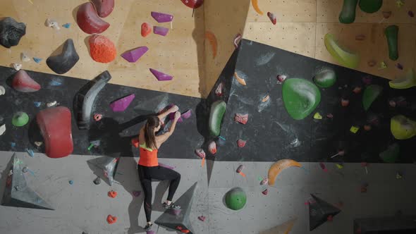 Moving Up Female Climber Training on a Climbing Wall Young Woman Practicing Rockclimbing Mountaineer