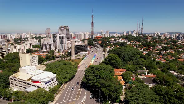 Panning winde of colorful Sumare Bridge at downtown Sao Paulo Brazil.