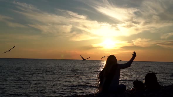 Woman Is Taking Photo on Sea Coast at Sunset Time, Silhouette of Female Figure and Flying Birds