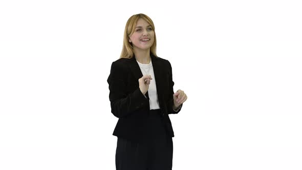 Happy Businesswoman Using Virtual Digital Screen in Front of Her on White Background