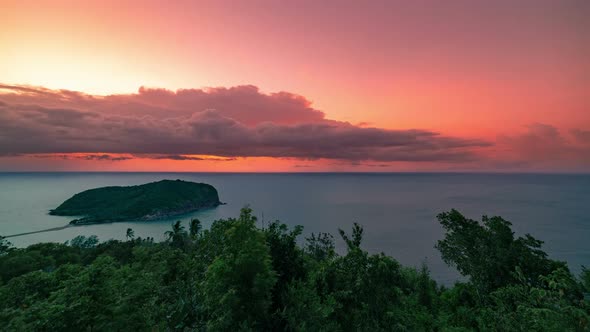 Panoramic Colorful Sunset View of Tropical Island in an Evening