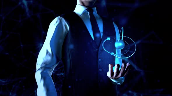 Businessman Holds Atom Particle In Left Hand With Plexus Network Connection Lines 4k