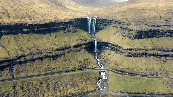 Flying Towards the Fossa Waterfall on Island Bordoy in the Faroe Islands