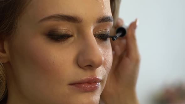 Closeup of Unrecognizable Makeup Artist Making Professional Makeup for Woman