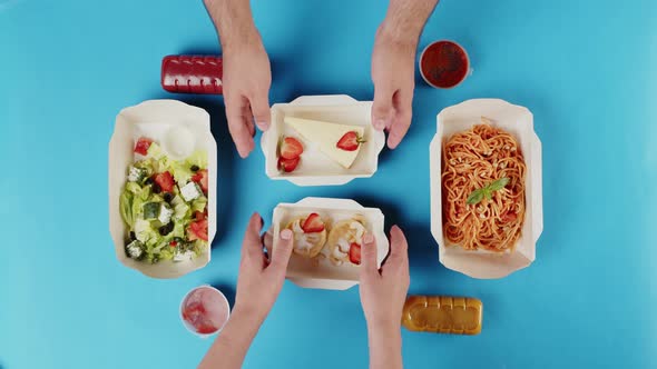 Food Delivery Top View Take Away Meals in Disposable Containers on Blue Background