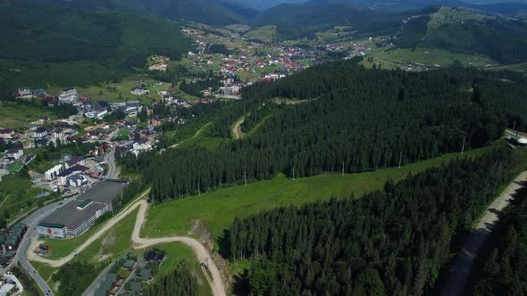 Arial view of idyllic high-rise touristic place in Bukovel, Ukraine.