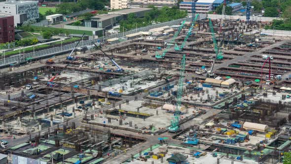 Time Lapse of Construction Site with Heavy Construction Machinery in Metropolis