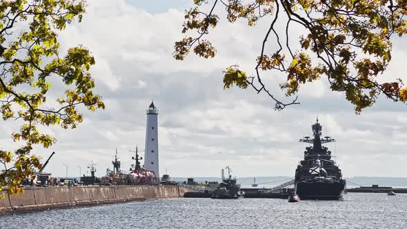 Warships of the Most Powerful Military Forces in the Parking Lot in the City of Kronstadt on a Sunny