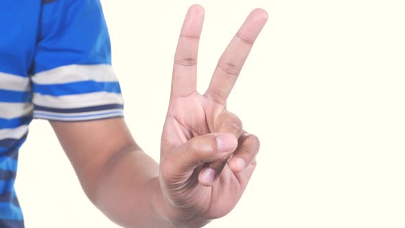 Man Hand Showing Victory Gesture on White Background