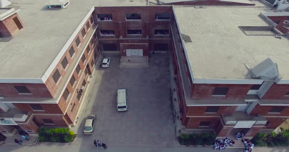 Bombay, India, Girls college Aerial flight, a close up shot from top corridor of the college, traffi