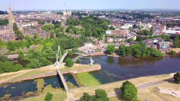 Fly over of the River Exe in Exeter, England, on a summer day