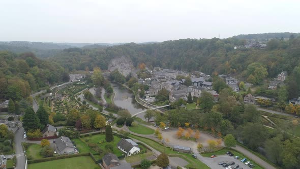 Aerial Drone Shot Revealing Durbuy, Smallest City in Belgium. Cloudy