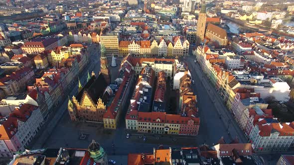 Aerial: Old town of Wroclaw at morning time