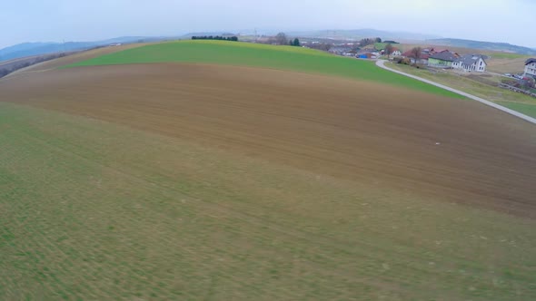 Flying Across Cultivated Fields in Countryside. Agricultural Industry, Farmlands