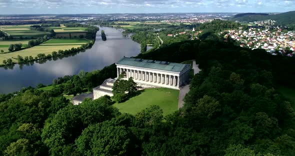 Beautiful drone video above the monument of Walhalla.