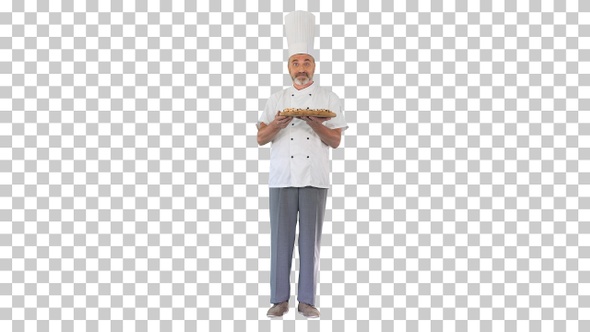 Happy chef smelling a pizza and offering it to you, Alpha Channel