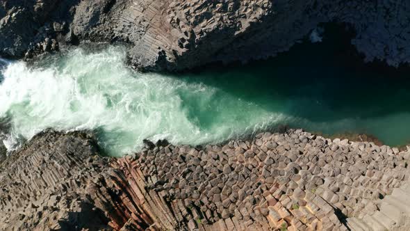 Top Down View Jokulsa Rough Water River Flowing Through Stuolagil Canyon in Iceland Highlands